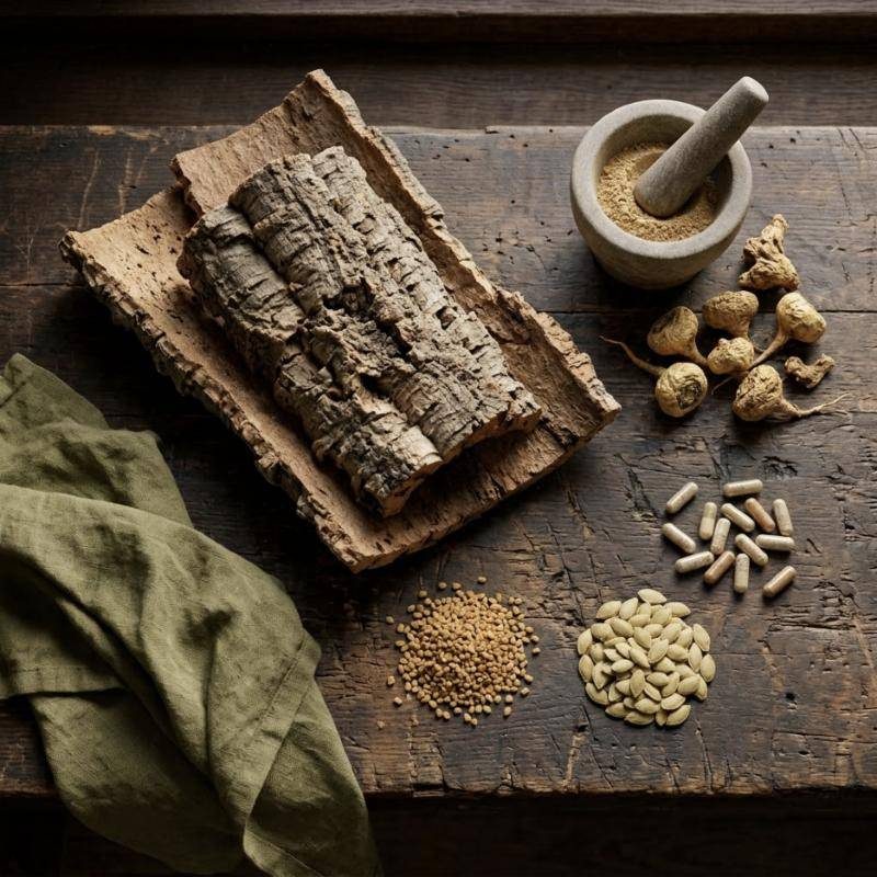 Cortiça natural, raízes de maca, almofariz com pó, sementes de feno-grego e de abóbora e cápsulas sobre madeira escura